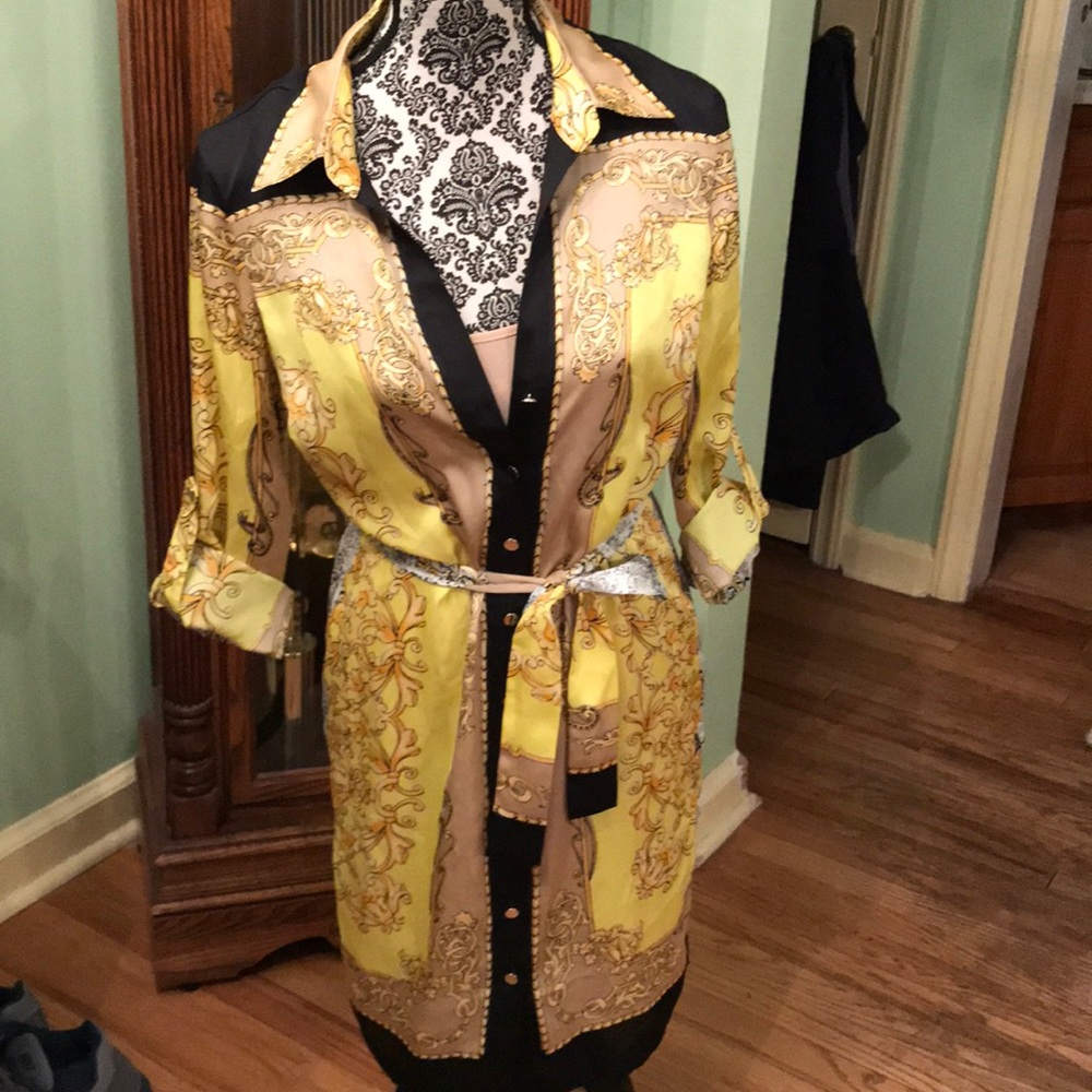 Cache shirt dress with nude lining gold buttons